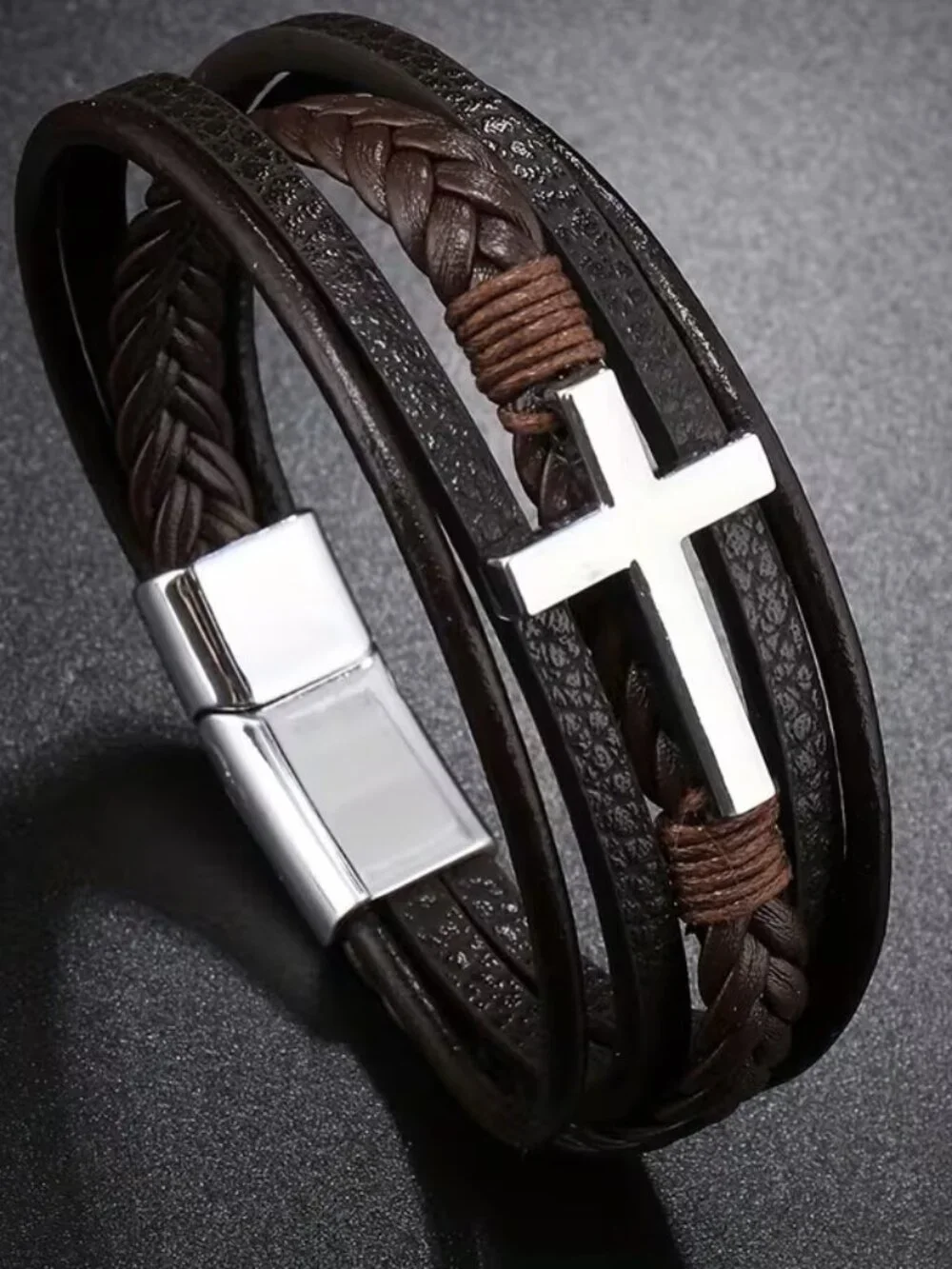 Men's Silver Cross w/ Brown Bracelet Christian Faith Religious Jesus Wristband